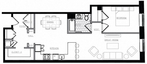 Floor plan for 1 bed, 1 bath, 1046 sqft